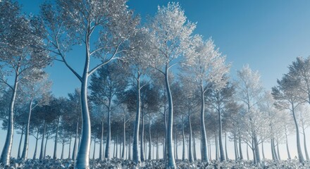 Forest of silver trees against a vibrant blue sky on a cold day