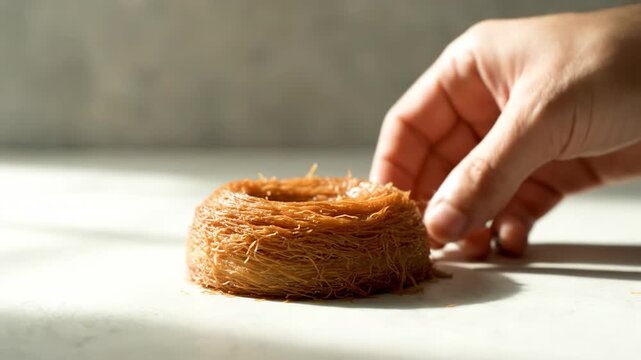 Delicious golden kunafa dessert being carefully placed by hand on a bright surface