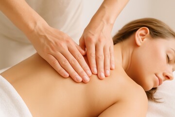 Fototapeta premium A serene spa scene depicting a woman receiving a back massage, promoting relaxation and wellness through therapeutic touch, offering a moment of tranquility.