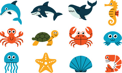 Naklejka premium Set of adorable cartoon marine animals in blue, orange, and yellow: dolphin, shark, seahorse, crab, jellyfish, starfish, shell, and shrimp.