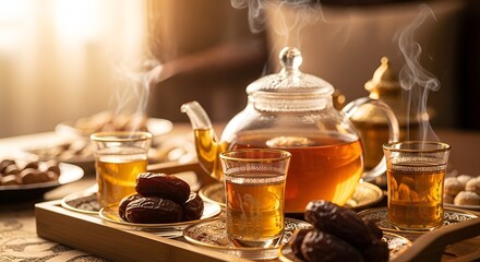 Dates and tea set on a tray, traditional hospitality