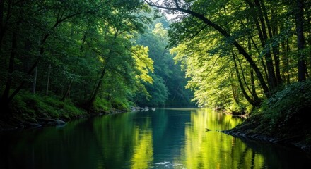 Tranquil river flows through lush, sunlit forest, serene and peaceful
