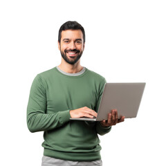 Man in green sweater holding laptop with smile on face in front of white background isolated on transparent background
