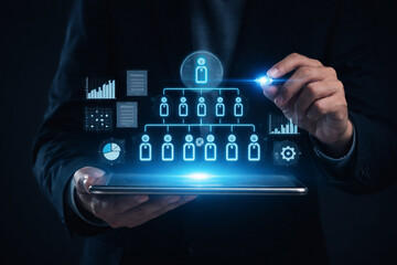 Naklejka premium AI generated business professional managing holographic organizational chart on tablet with team hierarchy analytics and performance data representing digital human resources and workforce management