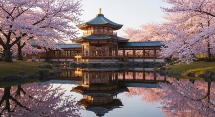 Traditional Asian building reflected in water, framed by blooming pink trees