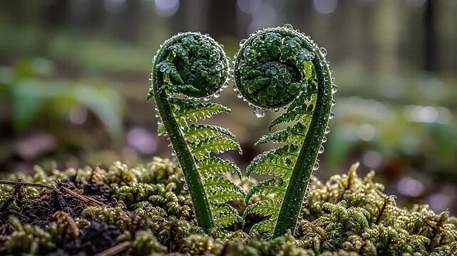 Young fiddlehead ferns emerging from forest floor.