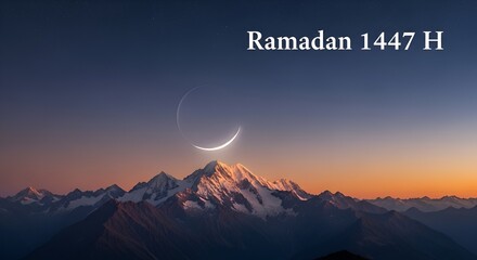 Ramadan crescent moon over mountain range at sunset