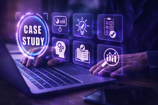 AI generated professional working on laptop with glowing purple blue case study dashboard icons representing business analysis research performance metrics and strategic planning