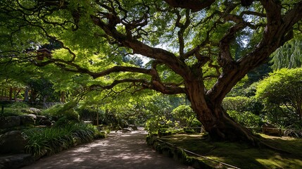 Fototapeta premium Majestic Ancient Tropical Tree in a Park / 公園に佇む威厳のある巨大な熱帯の樹木