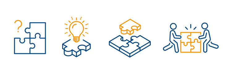 Plakat puzzle icons, icon set of question mark puzzle, jigsaw solution, enterprise communication, jigsaw part, line art vector