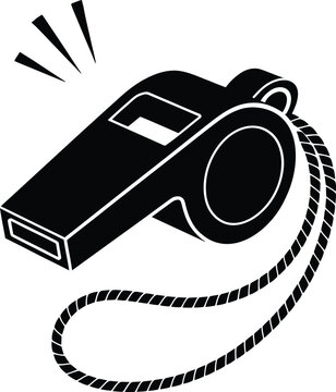 A black and white illustration of a whistle with a rope attached to it.