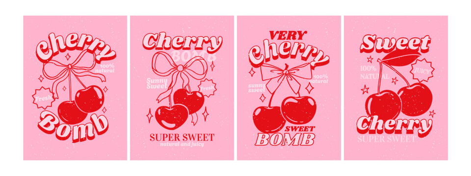 Vintage cherry poster. Retro berry print. Hand drawn cherries with text, slogan, typography. Sweet, fresh, farm, natural cherry banner with stars and grunge texture. Vector set