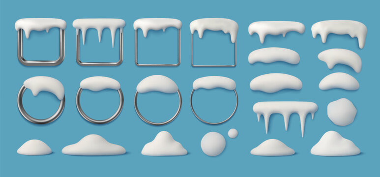 3D snow caps. Realistic icicles cap border. Render winter snow piles on silver frame, freeze snowdrifts on window. Decorative snowy shapes and ice elements. Vector set