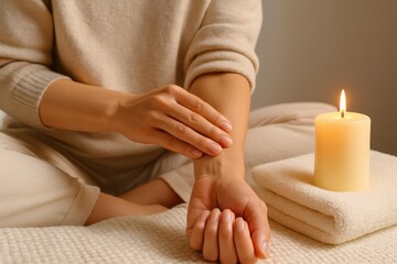 A woman practices self-care with a massage in a serene setting with a soft candle light, emphasizing relaxation and well-being at home with natural elements.