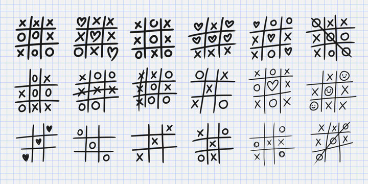Tic tac toe. Doodle XO game. Hand drawn pencil line game elements, tic-tac-toe play. Sketch brush grid, cross, circle, heart, smile. Drawing playing board. Vector set