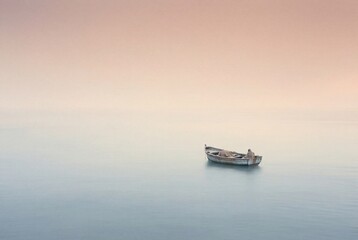 Fototapeta premium Old wooden boat floating on calm water at sunrise 