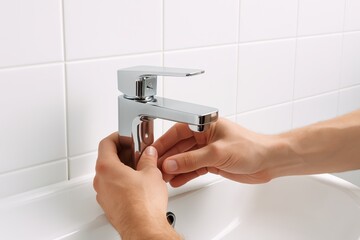 Close-up of a modern chrome bathroom faucet being installed with bare hands in a clean white sink, and a white tiled wall behind, providing a crisp and hygienic look.