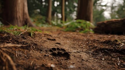 Fototapeta premium Close up of animal paw prints pressed into the damp earth of a forest trail
