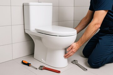 Professional plumber installing a new toilet bowl in a modern bathroom, ensuring proper fitting and stability with tools, tiled wall backdrop, plumbing expertise displayed.
