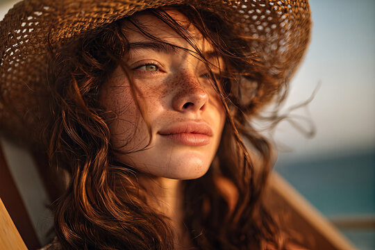 European beach vacationer with freckled face and green eyes in a straw hat, sunlit thoughtful gaze from a deck chair at golden hour
