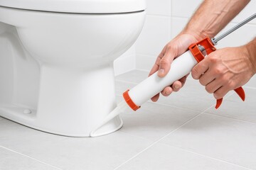 Close-up shot of a man sealing the base of a toilet with silicone caulk for plumbing maintenance and repair with a sealant gun in a bathroom setting.