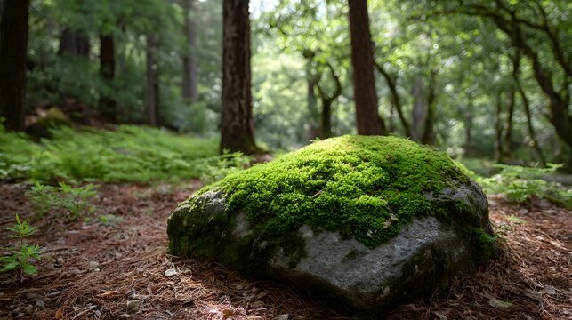 A moss covered rock rests in a serene forest setting with d d sunlight filtering through the trees