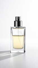 Fototapeta premium Square glass bottle filled w/golden liquid on white background