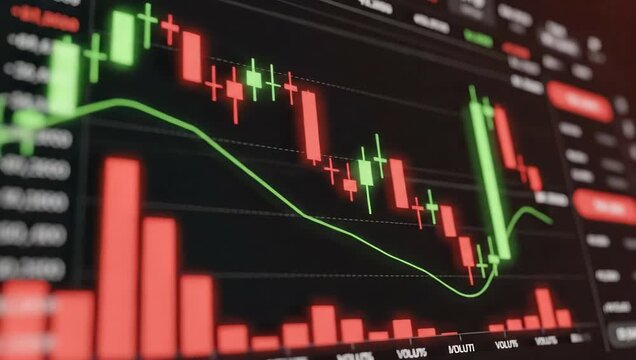 Stock market analysis with trading charts. Investors monitor price movements and trends. Colorful candlestick patterns indicate market fluctuations and trading activities.