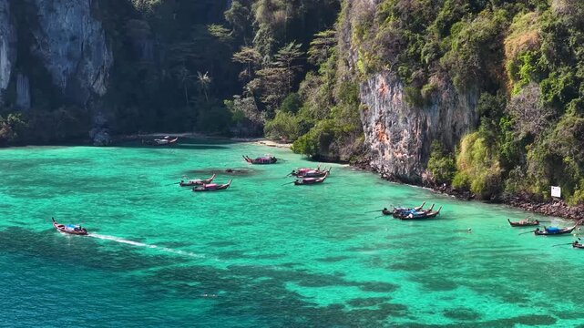 Aerial View of Thai Longtail Boats in Turquoise Phi Phi Island Water