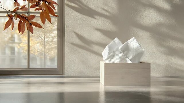 Autumn leaves frame window, light casts shadows on tissues in wooden box