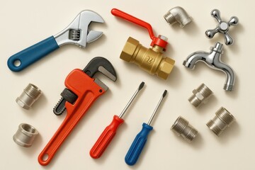 Obraz premium A top-down studio shot of essential plumbing tools and fittings on a light background, including wrenches, screwdrivers, a valve, and chrome fixtures.