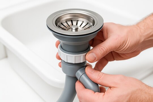 Close-up of male hands assembling the drain strainer of a kitchen sink, showing the installation process and plumbing system components with clean white background.