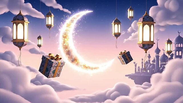 Magical Eid al-Fitr loop with floating geometric gifts, balloon lanterns, and a crescent moon in a pastel fantasy sky. Surreal, minimal, and elegant 4K animation for holidays.