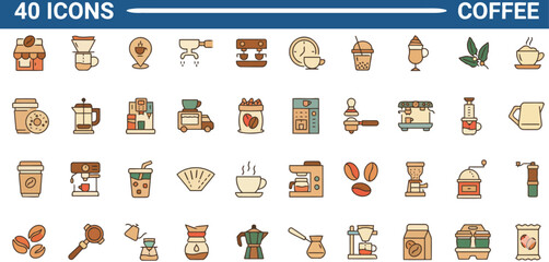 Obraz premium Collection of coffee-themed icons featuring various coffee-related elements and objects in a flat design style