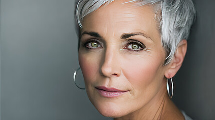 Transition from young to older woman concept. A confident mature woman with short grey hair and bright eyes.