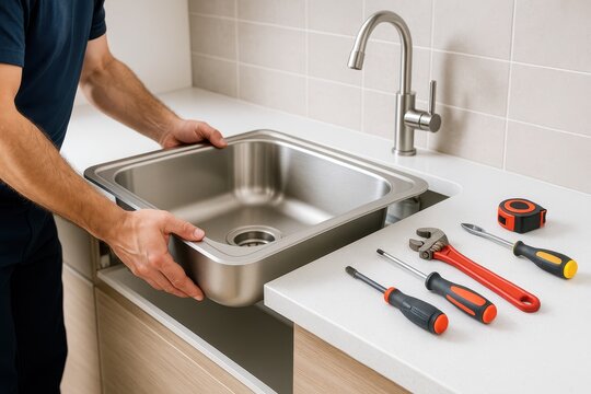 Installation of a brand new stainless steel kitchen sink by a skilled plumber, with tools displayed on the countertop, ready for a seamless plumbing project.