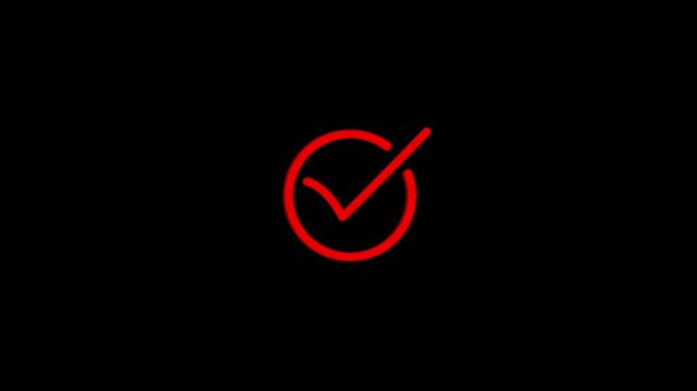 Red neon checkmark inside a circle on black background