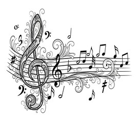 An ornate black and white illustration features musical notes clef symbols and swirling decorative lines