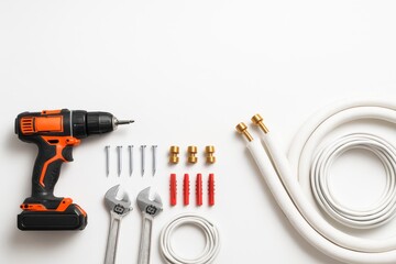 An arrangement of tools and materials commonly used for air conditioning repair, with a drill, wrench, fasteners and copper tube on a white background.