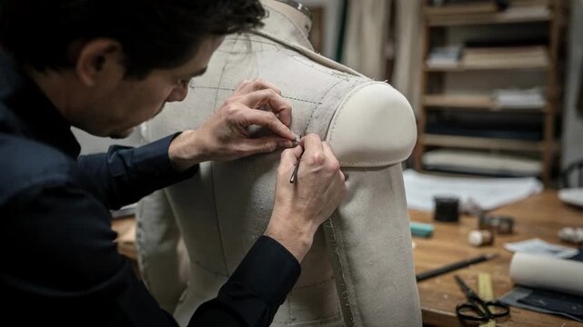 Medium shot of a tailor skillfully attaching thick shoulder padding to a jacket frame highlighting precision in structured garment construction.