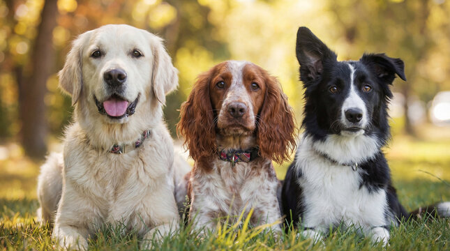 Three diverse dog breeds sitting attentively on lush green grass in a sunlit park.