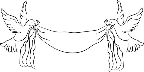 Minimalist Line Drawing of Two Doves Carrying a Banner Ribbon