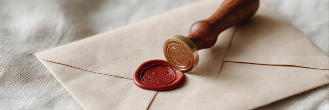 Vintage wax-sealed envelope with wooden stamp on linen surface