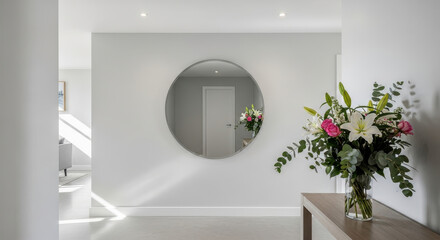 Minimalist hallway with large round mirror and floral decor.