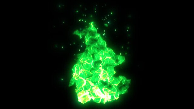 Green magic fire flame and chemical energy sparks on black background, 4K 60fps toxic loop