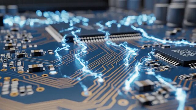 Electrical currents illuminate a blue circuit board, symbolizing advanced