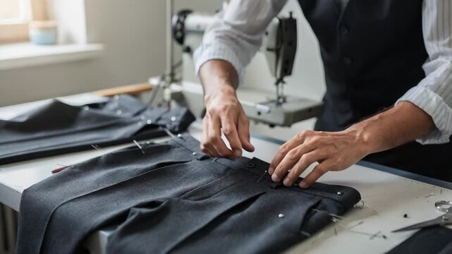 Medium shot of a tailor skillfully forming a suit trouser waistband carefully aligning fabric edges for a smooth precise fit during garment assembly.