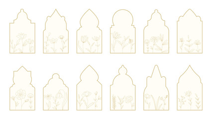 Set of frames of various shapes with flowers. Silhouettes of wildflowers and herbs in frame. Vector graphics © Iry