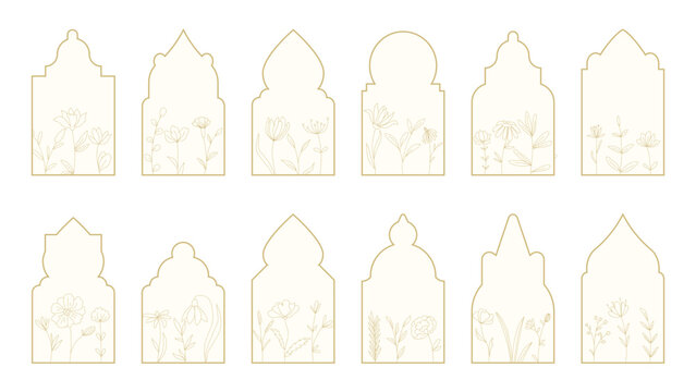Set of frames of various shapes with flowers. Silhouettes of wildflowers and herbs in frame. Vector graphics