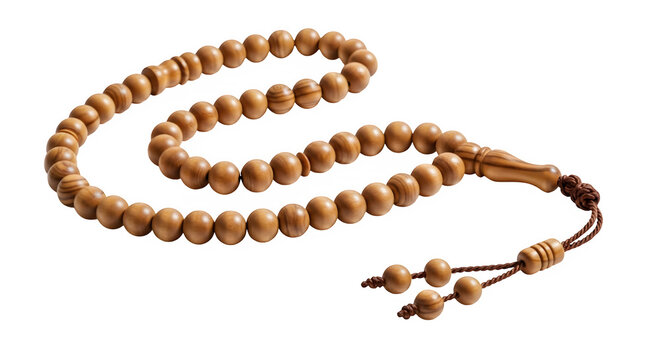 Wooden islamic prayer beads tasbih or misbaha with tassel, isolated on transparent background